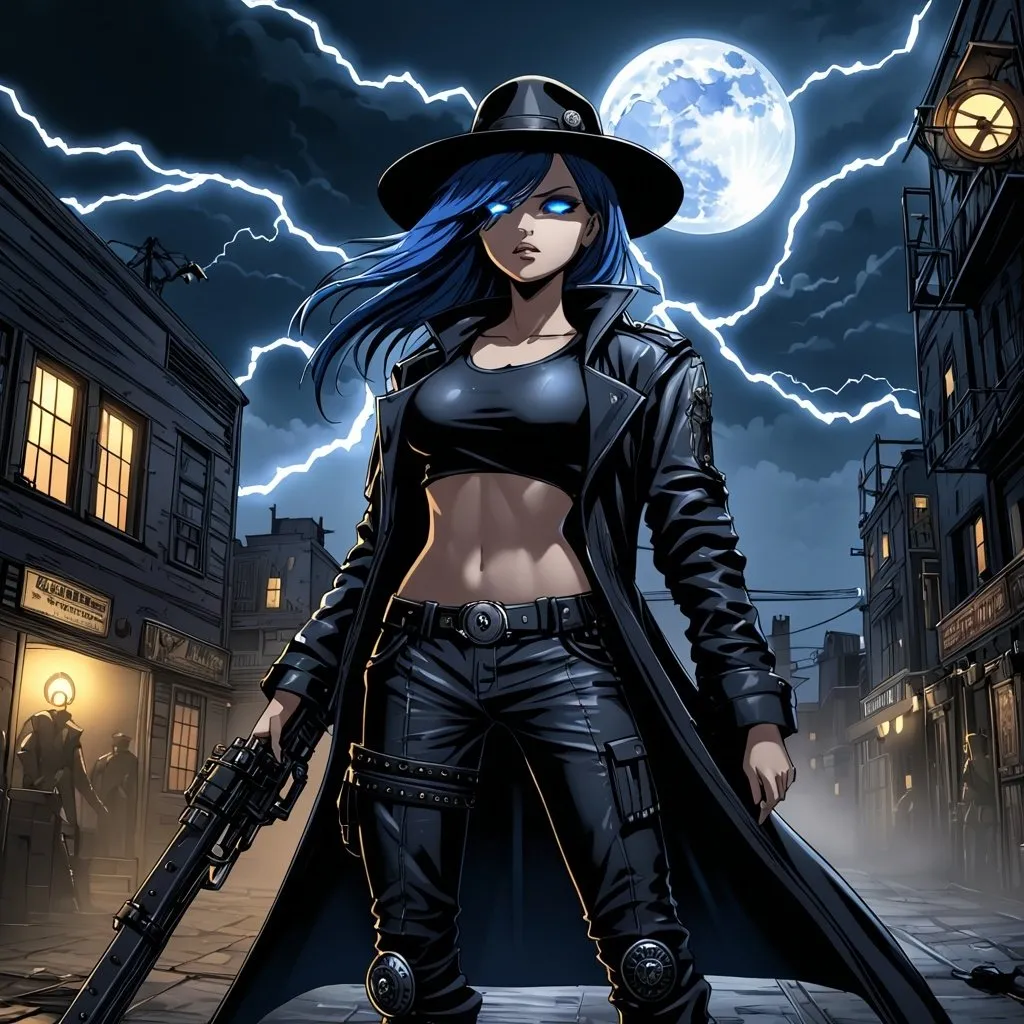 Prompt: Anime illustration of A mysterious woman with navy blue hair on a cyberpunk and steam punk scene. She is wearing a black fedora hat, a long black leather trenchcoat with a marshal star,  blue with black t-shirt, black cargo pants and black tactical boots. She is armed with a warhammer. Empty western town at midnight with lightnings striking down around her, dramatic lighting, full moon. Highres, masterpiece, detailed face, detailed hair, detailed eyes, detailed body.