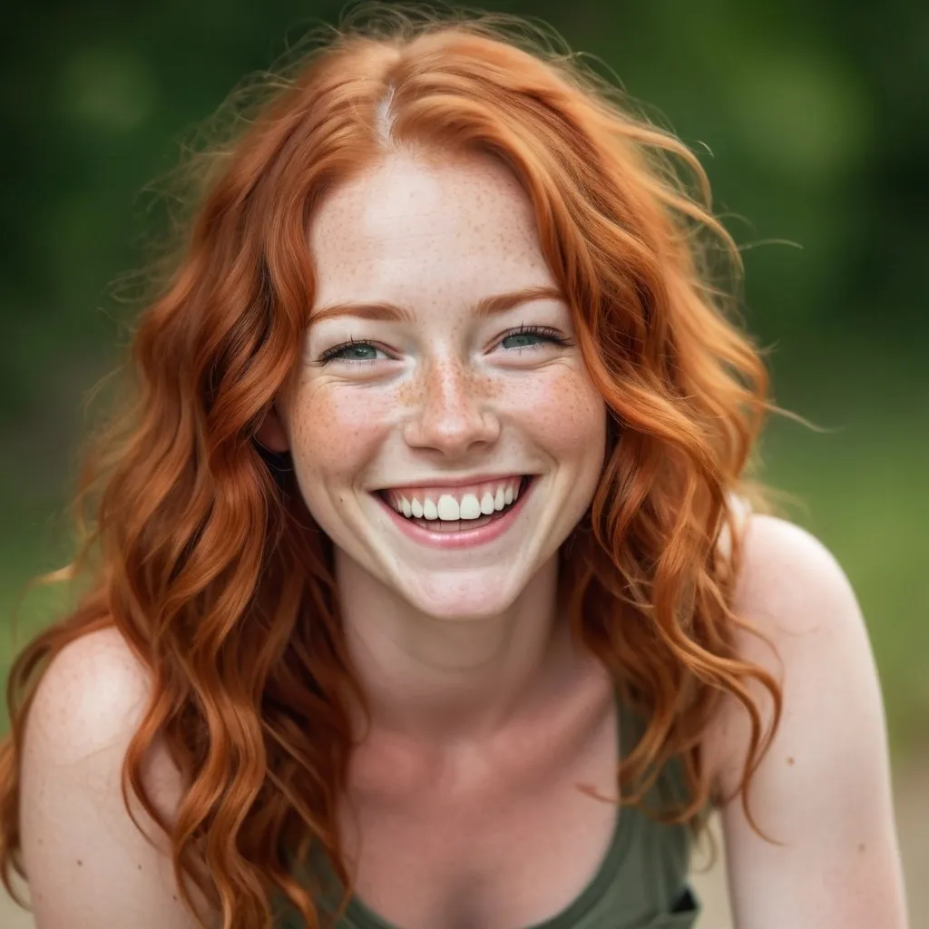 Prompt: Gorgeous 30 years old redhead woman with freckles, laughter lines around her eyes, cute dimples and long wavy hair. A cute smile and a curious gaze adorn her face. She is dressed in cargo shorts and a crop top. 