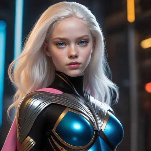 Prompt: High resolution, exceptional detail, ultra-high quality, Photorealistic, full body. Set against the backdrop of a neon-lit future, an 18-year-old teenage superheroine radiates both innocence and formidable strength. Her albino-like visage—bright white skin, radiant white hair, and striking, vibrant blue eyes—stands in sharp contrast to her environment. She is clad in a sleek black leotard, intricately adorned with illuminated technical accents that meticulously highlight her camel toe, abs, female curves, and the subtle nuances of her form. The leotard is emblazoned with Thor's hammer as her logo, a testament to her unyielding strength and valor. Completing her ensemble is a flowing black cape and stylish knee-high boots with heels, which marry elegance with combat readiness. Her attire not only speaks to her power and warmth but also to her readiness to face any challenge.

Exceptional attention is demanded for her face, where the highest level of realism is crucial. Her facial features—captivating vibrant blue eyes, soft vibrant pink lips, playful dimples, and a delicate dusting of freckles—must be rendered with unparalleled clarity and lifelike detail. These features together mirror her sweet, friendly nature and her indomitable spirit. This detailed attention extends to the illuminated aspects of her outfit, underscoring the approachable yet formidable essence of her character. The rendering should achieve a level of realism that brings her to life, ensuring that her expressions and features resonate with vivid detail and authenticity.