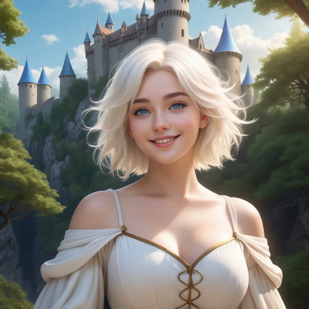 Prompt: Hyper realistic Anime illustration of a curvy  magical wizard woman, short Messy hair, bright white blonde hair, cute and friendly smile, blue eyes, standing tall in a mystical forest, dimples and freckles, shy, innocent, angelic aura, medieval castle in the background, highres, ultra-detailed, anime, fantasy, magical, mystical forest, cute and friendly, detailed eyes, shy and innocent, angelic aura, medieval castle, atmospheric lighting