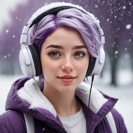 Prompt: Breathtakingly cute girl.with a curvy body, friendly and happy expression, ice-cold white skin, purple hair, freckles, dimples, short messy hair, cold winter morning, highres, ultra-detailed, realistic, cute, ultra detailed, purple hair, freckles. Wearing headphones. Listening to heavy metal music, cold winter morning, snow storm, soft lighting