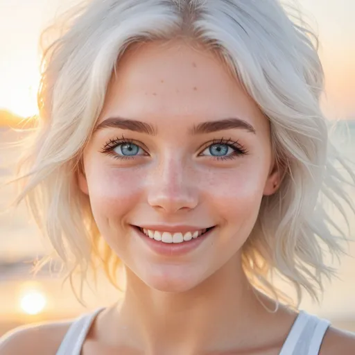 Prompt: Breathtakingly cute young woman, dreamy, eyes, sparkling blue eyes, bright white hair, pale, freckles, dimples, smiling, innocent, happy, at the beach, summer morning, sunrise, angelic aura, beach scene, angelic, adorable, high quality, bright lighting, detailed eyes, sunny, beach atmosphere, happy vibes, 