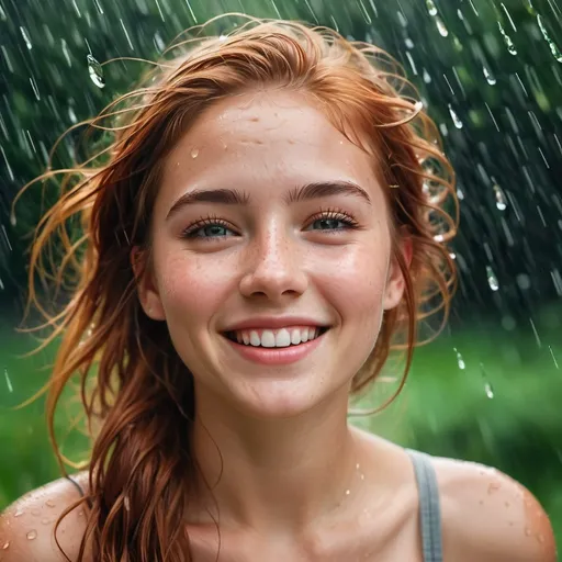Prompt: Imagine a scene where the essence of summer is captured in a single, electrifying moment: a young woman, whose beauty transcends the mundane, stands amidst a gentle summer rain. Her hair, a vibrant shade of ruby, short and playfully unkempt, clings to her face and shoulders, soaked by the rain. Each raindrop traces a path down her skin, a testament to the purity and freshness of the moment. Freckles dot her cheeks like a constellation, and her dimples carve deep into her cheeks as she smiles, a smile so radiant it seems to rival the sun itself. This image of joy and serenity, set against the backdrop of a warm summer shower, captures a moment of blissful happiness, untouched and unfettered by the world around her. Her eyes sparkle with delight, and her presence is a vivid reminder of the beauty found in simplicity and the pure joy of living in the moment.