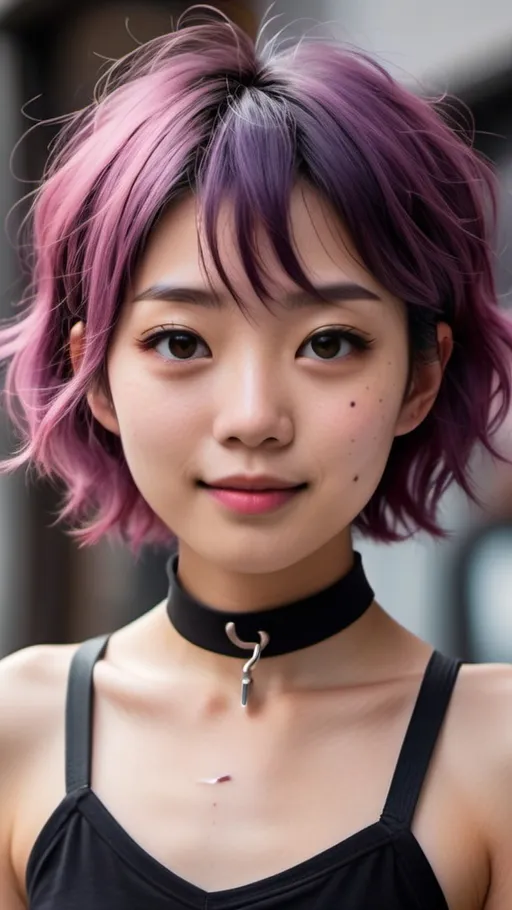 Prompt: a ultra-gorgeous and ultra-cute young japanese woman. She has short and messy purple hair. Dimples, freckles and pink lips. Slim figure and a tiny flat chest. Cute, lovely, innocent, petite, sweet. Wearing a choker with a leash. 