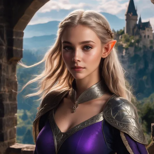 Prompt: In a secluded corner of a medieval fantasy village, where cobblestone streets lead to an imposing castle under the watchful gaze of ancient stars, there lives a young female Elf wizard. Her appearance is a delightful blend of contrasts: pale skin dotted with cute freckles and dimples that play at the corners of her lips with every mysterious smile. Her body, curvy and full, defies the traditional elven silhouette, adding to her unique charm.

Her hair, intense purple, cascades around her shoulders, setting her apart in a crowd and hinting at the potent magic that courses through her veins. This young elf is clad in a skintight leotard that hugs her form, a testament to her confidence and a symbol of her magical prowess. The leotard, enchanting in its simplicity, seems to be an extension of herself, moving with grace and fluidity.

Adorning her legs are tight thigh-high boots, perfectly fitted, that speak of adventure and the many paths she has trodden, both in this realm and beyond. They are not just footwear but a part of her story, each step resonating with the power of her spells and the depth of her knowledge.

Over her shoulders, a sparkling magical cape flows, capturing the luminescence of the cosmos. This cape, alive with the glow of countless stars, not only serves as a protective mantle but also as a beacon of her connection to the celestial energies, weaving the fabric of her spells with the threads of stardust.

Set against the backdrop of a quaint village with its medieval charm and the distant silhouette of a castle, this Elf wizard embarks on her journey. Her presence blends the mystique of ancient magics with the vibrancy of life, inviting those she meets to glimpse a world where magic is as real as the ground underfoot and as mysterious as the smile that plays upon her lips.