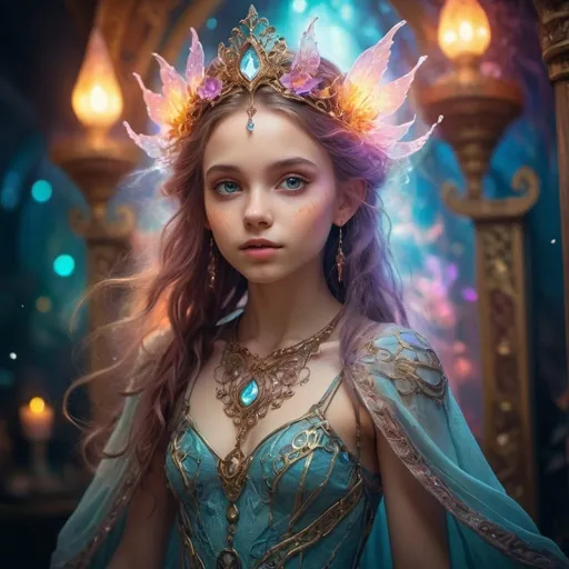 Prompt: Young girl in a fantasy setting, petite body, magical elements, ethereal atmosphere, vibrant and mystical color palette, whimsical fantasy style, detailed facial features, glowing magical effects, flowing and ornate fantasy attire, high quality, fantasy, ethereal, magical elements, whimsical, vibrant colors, detailed facial features, glowing effects, ornate attire, atmospheric lighting