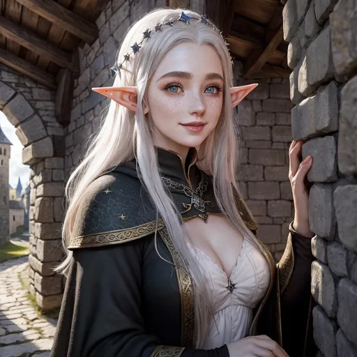 Prompt: In a secluded corner of a medieval fantasy village, where cobblestone streets lead to an imposing castle under the watchful gaze of ancient stars, there lives a young female Elf wizard. Her appearance is a delightful blend of contrasts: pale skin dotted with cute freckles and dimples that play at the corners of her lips with every mysterious smile. Her body, curvy and full, defies the traditional elven silhouette, adding to her unique charm.

Her hair, a vibrant shock of intense purple, cascades around her shoulders, setting her apart in a crowd and hinting at the potent magic that courses through her veins. This young elf is clad in a skintight leotard that hugs her form, a testament to her confidence and a symbol of her magical prowess. The leotard, enchanting in its simplicity, seems to be an extension of herself, moving with grace and fluidity.

Adorning her legs are tight thigh-high boots, perfectly fitted, that speak of adventure and the many paths she has trodden, both in this realm and beyond. They are not just footwear but a part of her story, each step resonating with the power of her spells and the depth of her knowledge.

Over her shoulders, a sparkling magical cape flows, capturing the luminescence of the cosmos. This cape, alive with the glow of countless stars, not only serves as a protective mantle but also as a beacon of her connection to the celestial energies, weaving the fabric of her spells with the threads of stardust.

Set against the backdrop of a quaint village with its medieval charm and the distant silhouette of a castle, this Elf wizard embarks on her journey. Her presence blends the mystique of ancient magics with the vibrancy of life, inviting those she meets to glimpse a world where magic is as real as the ground underfoot and as mysterious as the smile that plays upon her lips.