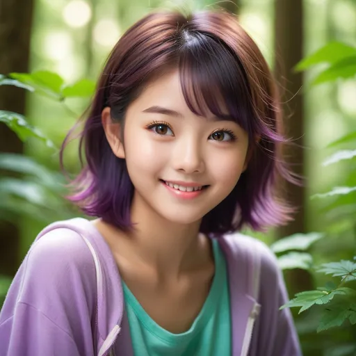 Prompt: Create a high-resolution, photorealistic portrait set in a vibrant, green forest that serves as a serene backdrop, highlighting a breathtakingly cute, petite, and sweet Japanese teenage girl. Her entire head is framed perfectly to showcase her short, messy hair, a dazzling mix of purple and violet, fully within the portrait, ensuring no detail is lost. Her warm brown eyes twinkle with curiosity and innocence, and her lips, fuller and softly pink, curve into a friendly and cute smile that radiates warmth and comfort. She wears a plain top, chosen for its simplicity to ensure that the viewer's focus remains unswervingly on her angelic smile and the comforting, cozy aura she exudes. This girl's presence is like a beacon of joy in the lush forest setting, making her seem like a part of the natural beauty around her. Her smile and the light in her eyes offer a heartwarming invitation to forget the world's troubles, capturing the essence of innocence and the pure joy of life in her unforgettable expression.