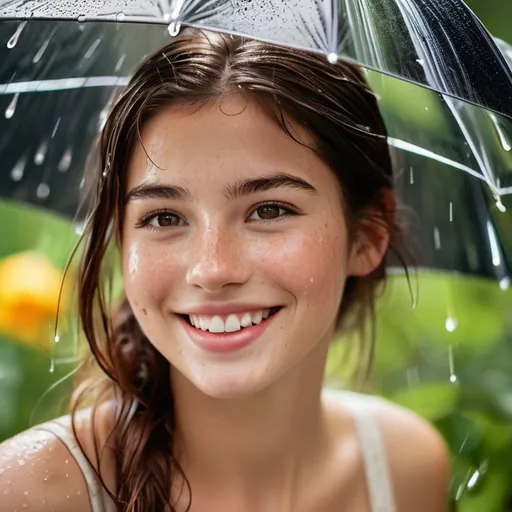 Prompt: Imagine a scene where the essence of summer is captured in a single, electrifying moment: a young girl, whose beauty transcends the mundane, stands amidst a gentle summer rain. Her hair, a vibrant shade of ruby, short and playfully unkempt, clings to her face and shoulders, soaked by the rain. Each raindrop traces a path down her skin, a testament to the purity and freshness of the moment. Freckles dot her cheeks like a constellation, and her dimples carve deep into her cheeks as she smiles, a smile so radiant it seems to rival the sun itself. This image of joy and serenity, set against the backdrop of a warm summer shower, captures a moment of blissful happiness, untouched and unfettered by the world around her. Her eyes sparkle with delight, and her presence is a vivid reminder of the beauty found in simplicity and the pure joy of living in the moment.