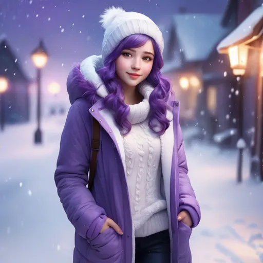 Prompt: Full body. Breathtakingly cute girl.with a curvy body, friendly and happy expression, ice-cold white skin, purple hair, freckles, dimples, short messy hair, cold winter morning, highres, ultra-detailed, realistic, cute, ultra detailed, purple hair, freckles, cold winter morning, snow storm, soft lighting
