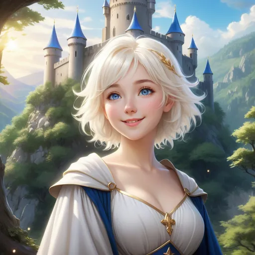Prompt: Hyper realistic Anime illustration of a curvy  magical wizard woman, short Messy hair, bright white blonde hair, cute and friendly smile, blue eyes, standing tall in a mystical forest, dimples and freckles, shy, innocent, angelic aura, medieval castle in the background, highres, ultra-detailed, anime, fantasy, magical, mystical forest, cute and friendly, detailed eyes, shy and innocent, angelic aura, medieval castle, atmospheric lighting