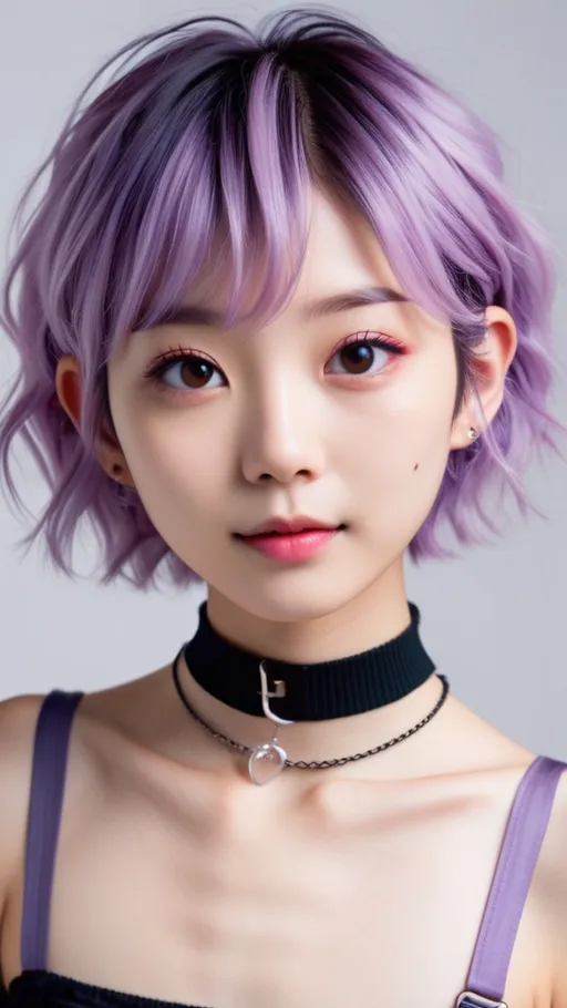 Prompt: a ultra-gorgeous and ultra-cute young japanese woman. She has short and messy purple hair. Dimples and pink lips. Very pale skin.  Slim figure and a tiny flat chest. Cute, lovely, innocent, petite, sweet. Wearing a choker and a crop top. 