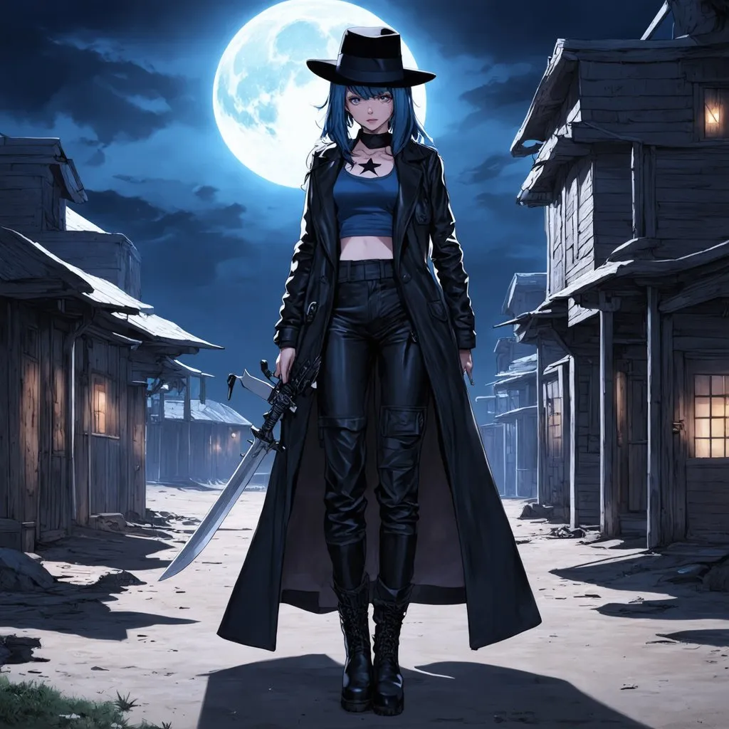 Prompt: Anime illustration of A mysterious woman with navy blue hair on a cyberpunk and steam punk scene. She is wearing a black fedora hat, a long black leather trenchcoat with a marshal star,  blue with black t-shirt, black cargo pants and black tactical boots. She is armed with a longsword. Empty western town at midnight, dramatic lighting, full moon. Highres, masterpiece, detailed face, detailed hair, detailed eyes, detailed body.