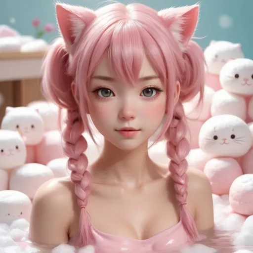 Prompt: Craft a photorealistic full body image of a neko girl, characterized by her unique charm and innocence. She should be depicted in full-body detail, with a focus on achieving ultra-realism in her facial features, hair texture, and the nuances of her body. Her hair is a playful, messy pink, styled into twin pigtails, adding to her adorable appeal. This neko girl is enjoying a whimsical moment, taking a bath in a sea of fluffy marshmallows, which adds a layer of playful innocence to the scene. The setting is a room that embodies a pastel-colored, kawaii theme, filled with soft, dreamy lighting to enhance the overall sweetness and lovely atmosphere. The detailed expression on her face should radiate pure joy and playfulness, capturing the essence of a carefree moment. The entire composition should be a celebration of adorable, innocent, and sweet moments, presented with the highest resolution and detail for a truly immersive experience.