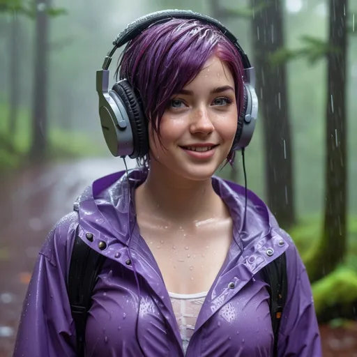 Prompt: Breathtakingly cute girl.with a curvy body, wearing nothing but a raincoat. friendly and happy expression, pale freckles skin , purple hair, freckles, dimples, short messy hair, heavy rain, in forest, highres, ultra-detailed, realistic, cute, ultra detailed, purple hair, freckles. Wearing headphones. Listening to heavy metal music, pouring rain, wet, soft lighting