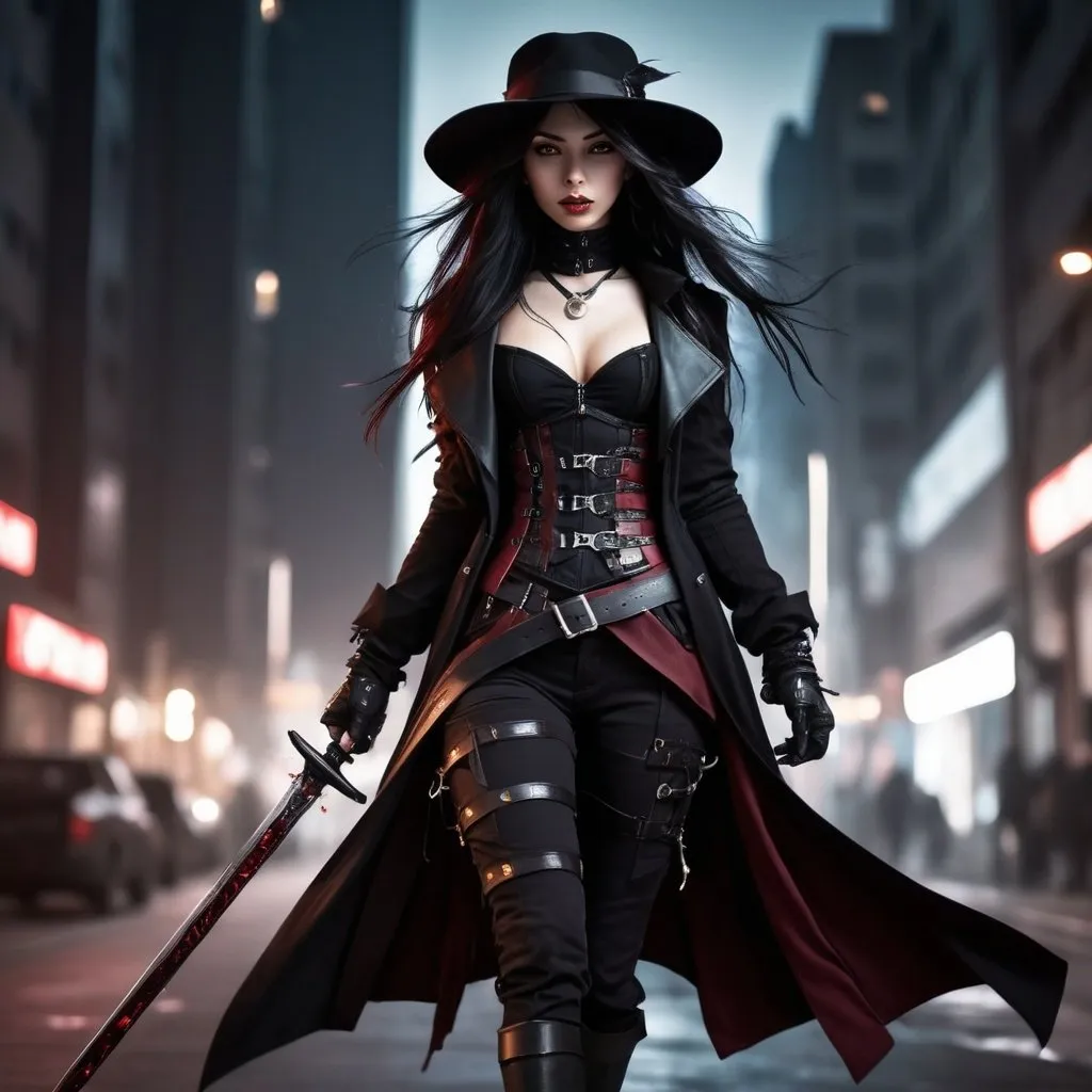 Prompt: Anime cyberpunk style, young vampire huntress, long flowing black hair with dark red highlights, dark red corset, black cargo pants, tactical belt, long black coat, black fedora hat, carrying a sword on her back, highly detailed, HD, dark background, sneaking through an iluminated city center, inspired by blade the vampire hunter