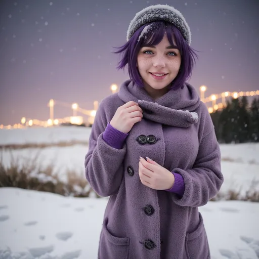 Prompt: Full body. Breathtakingly cute girl.with a curvy body, friendly and happy expression, ice-cold white skin, purple hair, freckles, dimples, short messy hair, cold winter morning, highres, ultra-detailed, realistic, cute, ultra detailed, purple hair, freckles, cold winter morning, snow storm, soft lighting