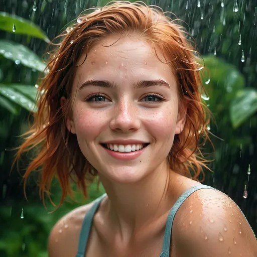 Prompt: Imagine a scene where the essence of summer is captured in a single, electrifying moment: a young woman, whose beauty transcends the mundane, stands amidst a gentle summer rain. Her hair, a vibrant shade of ruby, short and playfully unkempt, clings to her face and shoulders, soaked by the rain. Each raindrop traces a path down her skin, a testament to the purity and freshness of the moment. Freckles dot her cheeks like a constellation, and her dimples carve deep into her cheeks as she smiles, a smile so radiant it seems to rival the sun itself. This image of joy and serenity, set against the backdrop of a warm summer shower, captures a moment of blissful happiness, untouched and unfettered by the world around her. Her eyes sparkle with delight, and her presence is a vivid reminder of the beauty found in simplicity and the pure joy of living in the moment.
