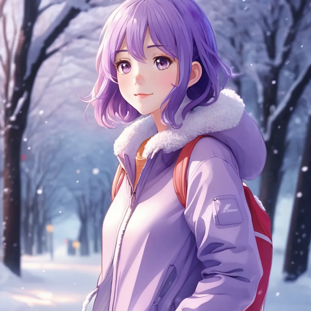 Prompt: Full body. Breathtakingly cute anime illustration of a skinny girl, friendly and happy expression, ice-cold white skin, purple hair, freckles, dimples, short messy hair, cold winter morning, highres, ultra-detailed, anime, cute, liquid material, purple hair, freckles, cold, skin-tight, winter morning, soft lighting