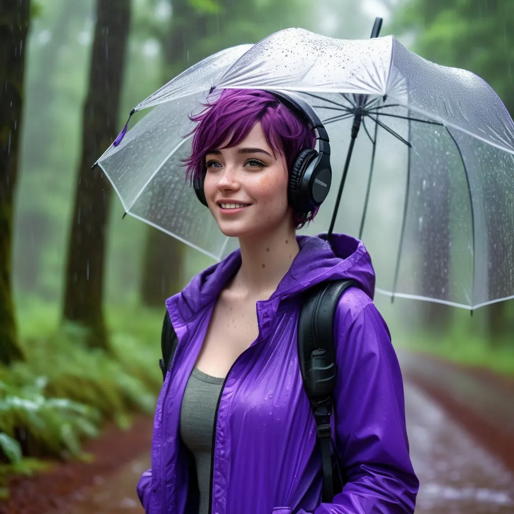 Prompt: Breathtakingly cute girl.with a curvy body, friendly and happy expression, pale freckles skin , purple hair, freckles, dimples, short messy hair, heavy rain, in forest, highres, ultra-detailed, realistic, cute, ultra detailed, purple hair, freckles. Wearing headphones. Listening to heavy metal music, pouring rain, umbrella, wet, soft lighting