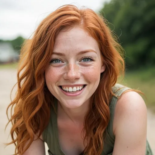 Prompt: Gorgeous 30 years old redhead woman with freckles, laughter lines around her eyes, cute dimples and long wavy hair. A cute smile and a curious gaze adorn her face. She is dressed in cargo shorts and a crop top. 