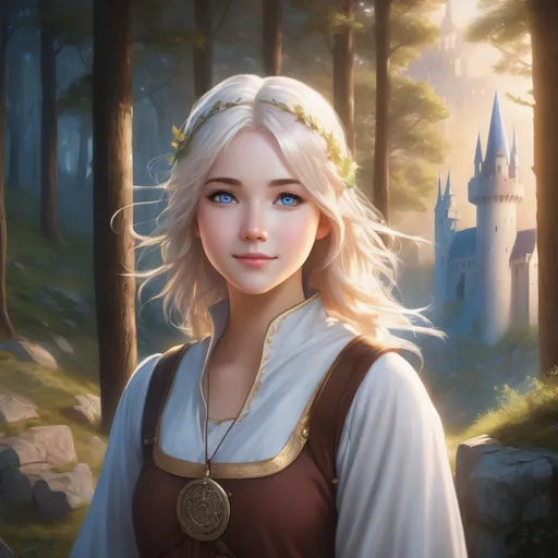 Prompt: Hyper realistic Anime illustration of a curvy young magical wizard girl, short Messy hair, bright white blonde hair, cute and friendly smile, blue eyes, standing tall in a mystical forest, dimples and freckles, shy, innocent, angelic aura, medieval castle in the background, highres, ultra-detailed, anime, fantasy, magical, mystical forest, cute and friendly, detailed eyes, shy and innocent, angelic aura, medieval castle, atmospheric lighting