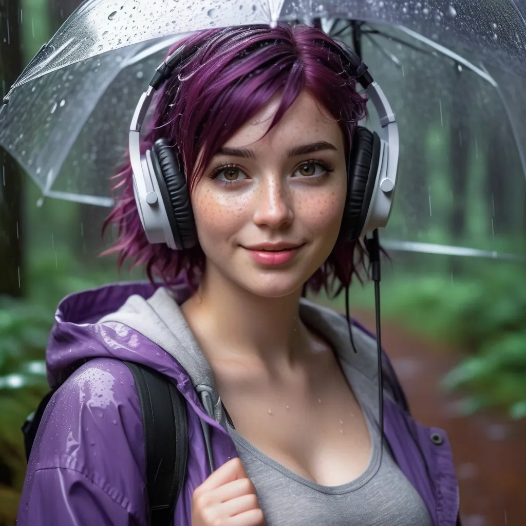 Prompt: Breathtakingly cute girl.with a curvy body, friendly and happy expression, pale freckles skin , purple hair, freckles, dimples, short messy hair, heavy rain, in forest, highres, ultra-detailed, realistic, cute, ultra detailed, purple hair, freckles. Wearing headphones. Listening to heavy metal music, pouring rain, umbrella, wet, soft lighting