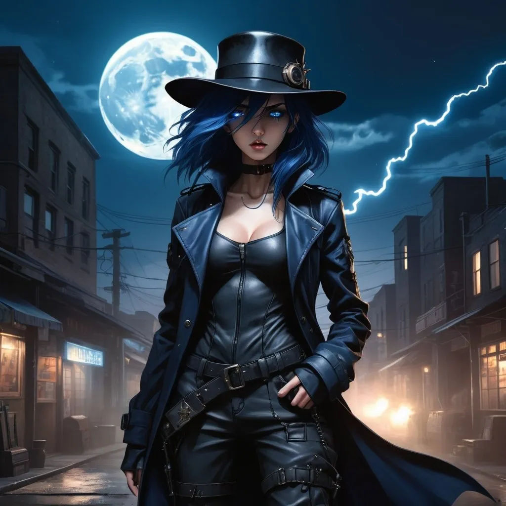 Prompt: Anime illustration of A mysterious woman with navy blue hair on a cyberpunk and steam punk scene. She is wearing a black fedora hat, a long black leather trenchcoat with a marshal star,  blue with black t-shirt, black cargo pants and black tactical boots. She is armed with a hellebarde. Empty western town at midnight with lightnings striking down around her, dramatic lighting, full moon. Highres, masterpiece, detailed face, detailed hair, detailed eyes, detailed body.