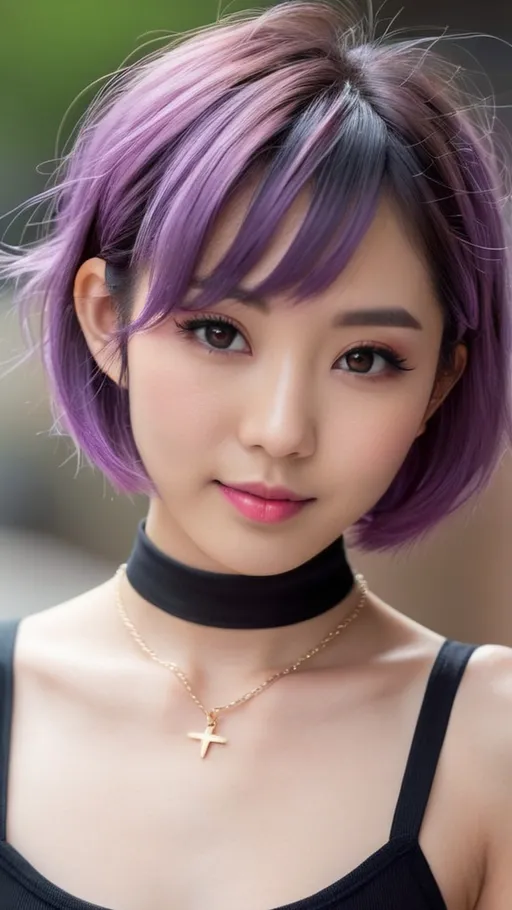 Prompt: a ultra-gorgeous and ultra-cute young japanese woman. She has short and messy purple hair. Dimples and pink lips. Very pale skin.  Slim figure and a tiny flat chest. Cute, lovely, innocent, petite, sweet. Wearing a choker and a crop top. highres, detailed face, 