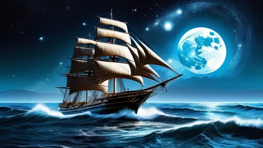 Prompt: Ancient sailing ship, tumultuous ocean waves, night sky, countless stars, full moon, silvery glow, Imperial Star Destroyer hovering, celestial tapestry, ethereal light, time collision, futuristic contrast, silent rendezvous, interstellar might, guardian from the stars, fantasy and reality merge, intertemporal encounter, spirit of adventure, cosmic sea.