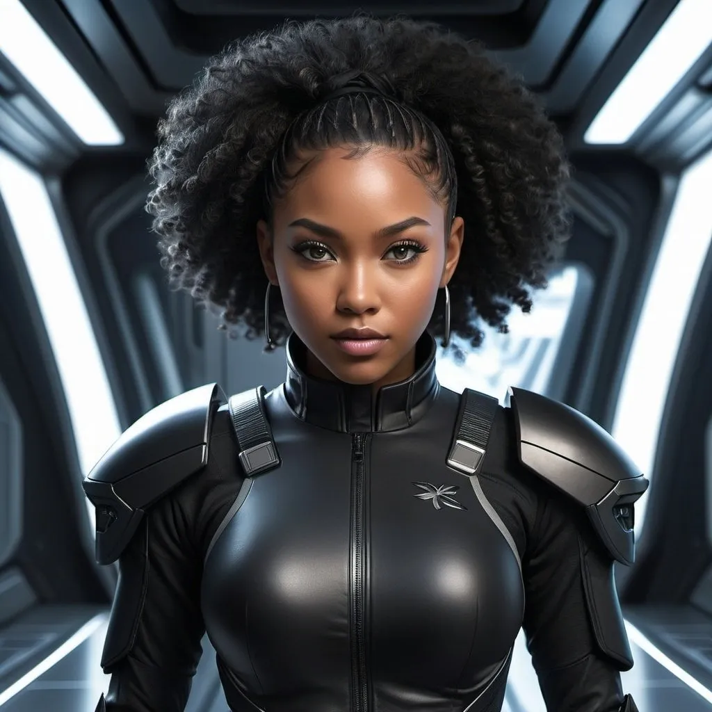 Prompt: Create a high-resolution, detailed digital painting of a young female Afro-Asian cyborg ninja set in a futuristic science fiction environment. She is aboard a sleek and advanced starship, standing confidently in a dimly lit corridor. Her attire is form-fitting, designed exclusively in various shades of black, such as matte black, sparkling black, and jet black, which blend traditional ninja elements with futuristic, cybernetic enhancements. These shades should create a nuanced, monochromatic look that emphasizes the outfit's texture and the character's silhouette against the ambient lighting. Visible cybernetic enhancements include glowing eyes and mechanical limbs, highlighting her human and cybernetic nature. This scene captures a sense of mystery and power, with detailed hair, realistic facial features, and professional detail in the eyes, fabric texture, and ambient starship lighting. Ensure no color palette appears in the image.