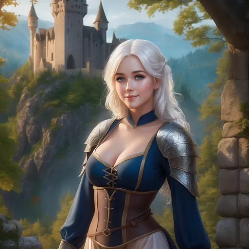 Prompt: realistic curvy  magical wizard woman, short Messy hair, bright white blonde hair, cute and friendly smile, blue eyes, dressed in a leotard, thigh high boots, standing tall in a mystical forest, dimples, freckles, shy, innocent, medieval castle in the background, highres, ultra-detailed, fantasy, magical, mystical forest, cute and friendly, detailed eyes, medieval castle, atmospheric lighting