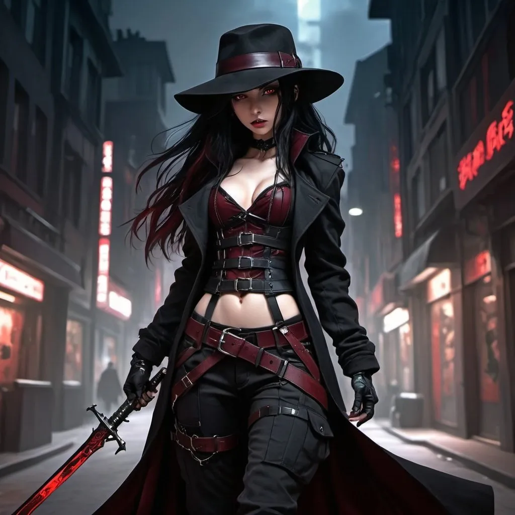 Prompt: Anime cyberpunk style, young vampire huntress, long flowing black hair with dark red highlights, dark red corset, black cargo pants, tactical belt, long black coat, black fedora hat, carrying a sword on her back, highly detailed, HD, dark background, sneaking through an iluminated city center, inspired by blade the vampire hunter