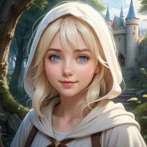 Prompt: Hyper realistic Anime illustration of a curvy young magical wizard girl, short and Messy bright white blonde hair, hooded, cute and friendly smile, blue eyes, standing tall in a mystical forest, dimples and freckles, shy, innocent, angelic aura, medieval castle in the background, highres, ultra-detailed, anime, fantasy, magical, mystical forest, cute and friendly, detailed eyes, shy and innocent, angelic aura, medieval castle, atmospheric lighting
