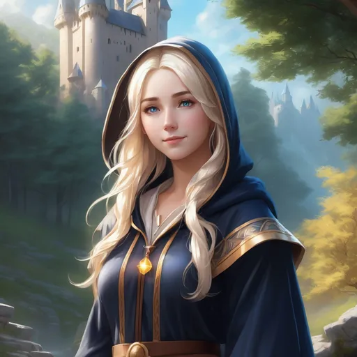 Prompt: Hyper realistic Anime illustration of a curvy young magical wizard girl, bright white blonde hair, hooded, cute and friendly smile, blue eyes, standing tall in a mystical forest, dimples and freckles, shy, innocent, angelic aura, medieval castle in the background, highres, ultra-detailed, anime, fantasy, magical, mystical forest, cute and friendly, detailed eyes, shy and innocent, angelic aura, medieval castle, atmospheric lighting