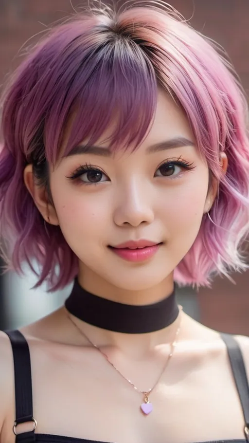 Prompt: Ultra-cute Japanese woman with short, messy purple hair, pale skin, dimples, and pink lips, petite and slim figure, tiny flat chest, wearing a choker and a crop top, highres, detailed face, cute, lovely, innocent, sweet, professional, choker, crop top, delicate features, kawaii, pastel colors, soft lighting