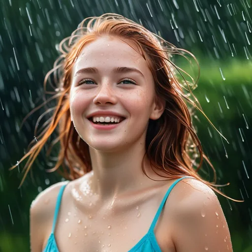 Prompt: Imagine a scene where the essence of summer is captured in a single, electrifying moment: a young girl, whose beauty transcends the mundane, stands amidst a gentle summer rain. Her hair, a vibrant shade of ruby, short and playfully unkempt, clings to her face and shoulders, soaked by the rain. Each raindrop traces a path down her skin, a testament to the purity and freshness of the moment. Freckles dot her cheeks like a constellation, and her dimples carve deep into her cheeks as she smiles, a smile so radiant it seems to rival the sun itself. This image of joy and serenity, set against the backdrop of a warm summer shower, captures a moment of blissful happiness, untouched and unfettered by the world around her. Her eyes sparkle with delight, and her presence is a vivid reminder of the beauty found in simplicity and the pure joy of living in the moment.