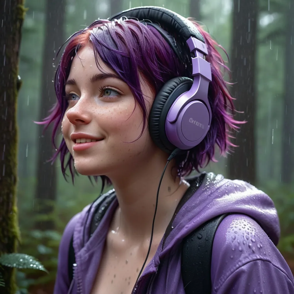 Prompt: Breathtakingly cute girl.with a curvy body, friendly and happy expression, pale freckles skin , purple hair, freckles, dimples, short messy hair, heavy rain, in forest, highres, ultra-detailed, realistic, cute, ultra detailed, purple hair, freckles. Wearing headphones. Listening to heavy metal music, pouring rain, wet, soft lighting