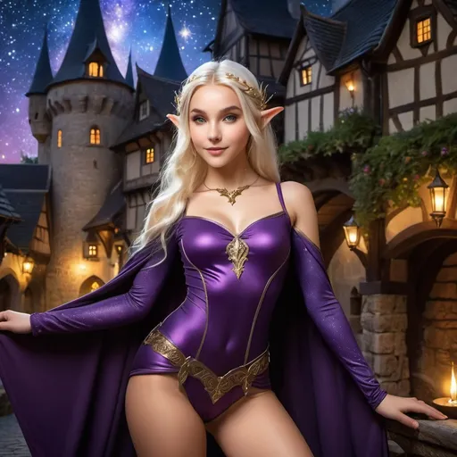 Prompt: In a secluded corner of a medieval fantasy village, where cobblestone streets lead to an imposing castle under the watchful gaze of ancient stars, there lives a young female Elf wizard. Her appearance is a delightful blend of contrasts: pale skin dotted with cute freckles and dimples that play at the corners of her lips with every mysterious smile. Her body, curvy and full, defies the traditional elven silhouette, adding to her unique charm.

Her hair, a vibrant shock of intense purple, cascades around her shoulders, setting her apart in a crowd and hinting at the potent magic that courses through her veins. This young elf is clad in a skintight leotard that hugs her form, a testament to her confidence and a symbol of her magical prowess. The leotard, enchanting in its simplicity, seems to be an extension of herself, moving with grace and fluidity.

Adorning her legs are tight thigh-high boots, perfectly fitted, that speak of adventure and the many paths she has trodden, both in this realm and beyond. They are not just footwear but a part of her story, each step resonating with the power of her spells and the depth of her knowledge.

Over her shoulders, a sparkling magical cape flows, capturing the luminescence of the cosmos. This cape, alive with the glow of countless stars, not only serves as a protective mantle but also as a beacon of her connection to the celestial energies, weaving the fabric of her spells with the threads of stardust.

Set against the backdrop of a quaint village with its medieval charm and the distant silhouette of a castle, this Elf wizard embarks on her journey. Her presence blends the mystique of ancient magics with the vibrancy of life, inviting those she meets to glimpse a world where magic is as real as the ground underfoot and as mysterious as the smile that plays upon her lips.