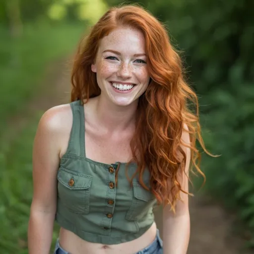 Prompt: Gorgeous 30 years old redhead woman with freckles, laughter lines around her eyes, cute dimples and long wavy hair. A cute smile and a curious gaze adorn her face. She is dressed in cargo shorts and a crop top. 