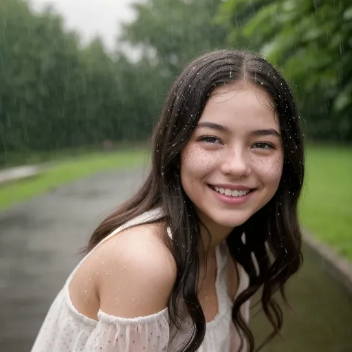 Prompt: Imagine a scene where the essence of summer is captured in a single, electrifying moment: a young girl, whose beauty transcends the mundane, stands amidst a gentle summer rain. Her hair, a vibrant shade of ruby, short and playfully unkempt, clings to her face and shoulders, soaked by the rain. Each raindrop traces a path down her skin, a testament to the purity and freshness of the moment. Freckles dot her cheeks like a constellation, and her dimples carve deep into her cheeks as she smiles, a smile so radiant it seems to rival the sun itself. This image of joy and serenity, set against the backdrop of a warm summer shower, captures a moment of blissful happiness, untouched and unfettered by the world around her. Her eyes sparkle with delight, and her presence is a vivid reminder of the beauty found in simplicity and the pure joy of living in the moment.