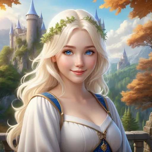 Prompt: Hyper realistic Anime illustration of a curvy young magical wizard girl, bright white blonde hair, cute and friendly smile, blue eyes, standing tall in a mystical forest, dimples and freckles, shy, innocent, angelic aura, medieval castle in the background, highres, ultra-detailed, anime, fantasy, magical, mystical forest, cute and friendly, detailed eyes, shy and innocent, angelic aura, medieval castle, atmospheric lighting