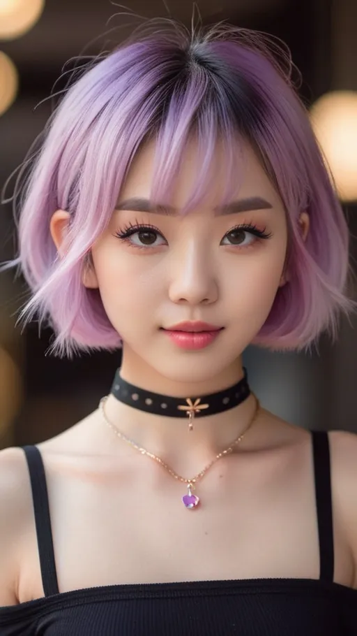 Prompt: Ultra-cute young Japanese girl with short, messy purple hair, pale skin, dimples, and pink lips, petite and slim figure, tiny flat chest, wearing a choker and a crop top, highres, detailed face, cute, lovely, innocent, sweet, professional, choker, delicate features, kawaii, pastel colors, soft lighting