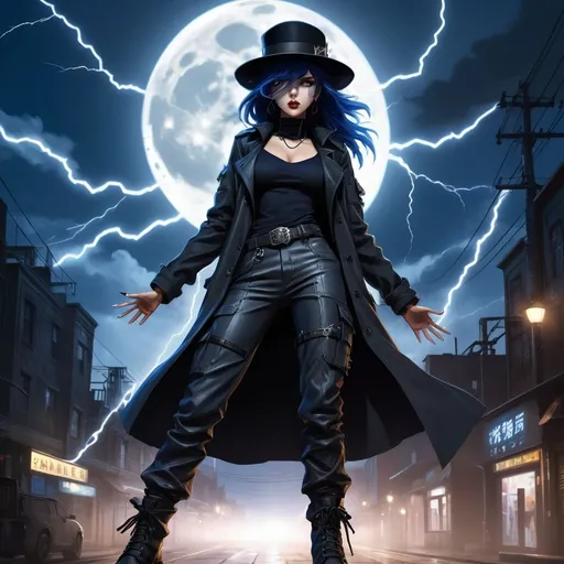 Prompt: Anime illustration of A mysterious woman with navy blue hair on a cyberpunk and steam punk scene. She is wearing a black fedora hat, a long black leather trenchcoat with a marshal star,  blue with black t-shirt, black cargo pants and black tactical boots. She spreads her arms and emits lightnings from her hands. Empty western town at midnight with lightnings striking down around her, dramatic lighting, full moon. Highres, masterpiece, detailed face, detailed hair, detailed eyes, detailed body.