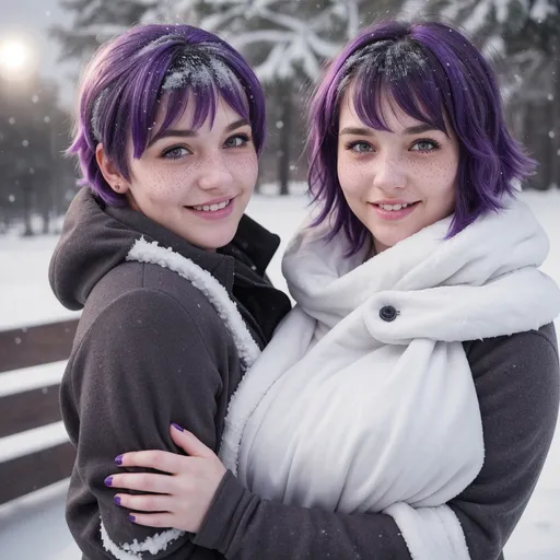 Prompt: Full body. Breathtakingly cute girl.with a curvy body, friendly and happy expression, ice-cold white skin, purple hair, freckles, dimples, short messy hair, cold winter morning, highres, ultra-detailed, realistic, cute, ultra detailed, purple hair, freckles, cold winter morning, snow storm, soft lighting