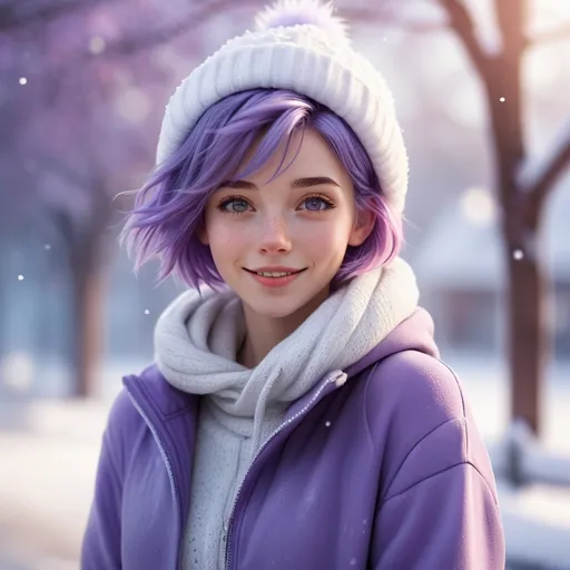 Prompt: Full body. Breathtakingly cute skinny girl, friendly and happy expression, ice-cold white skin, purple hair, freckles, dimples, short messy hair, cold winter morning, highres, ultra-detailed, realistic, cute, ultra detailed, purple hair, freckles, cold, skin-tight, winter morning, soft lighting