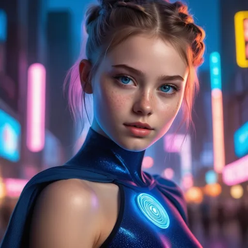 Prompt: Create a high-resolution, ultra-high quality, photorealistic image capturing the essence of a young, 18-year-old superheroine against the backdrop of a neon-bathed futuristic city. Her youthful and cute appearance, adorned with playful dimples and a sprinkle of freckles across her radiant white skin, should shine with innocence and resilience. Her striking deep blue eyes, framed by either playful long pigtails or a spirited short, messy haircut, add to her captivating charm. She dons a sleek black leotard with glowing accents that elegantly highlight her form, along with a flowing cape and chic knee-high boots, each piece featuring a distinctive emblem of her strength. The attention to detail is paramount, particularly in rendering her facial features with lifelike precision—vibrant blue eyes full of depth, soft pink lips, and her cheerful freckles—all illuminated subtly by the neon light and her attire’s luminous details. This imagery aims to not only capture her physical attributes with exceptional clarity but also convey her indomitable spirit and friendly nature in a moment of engaging vitality.