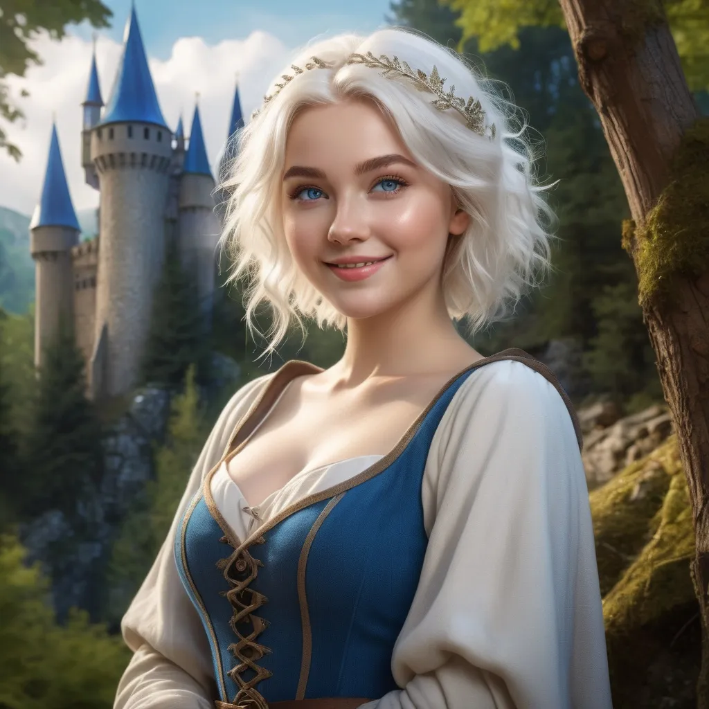 Prompt: realistic curvy  magical wizard woman, short Messy hair, bright white blonde hair, cute and friendly smile, blue eyes, standing tall in a mystical forest, dimples and freckles, shy, innocent, angelic aura, medieval castle in the background, highres, ultra-detailed, fantasy, magical, mystical forest, cute and friendly, detailed eyes, medieval castle, atmospheric lighting