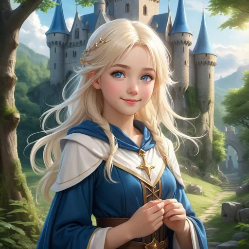 Prompt: Hyper realistic Anime illustration of a young magical wizard girl, bright white blonde hair, cute and friendly smile, blue eyes, standing tall in a mystical forest, dimples and freckles, shy, innocent, angelic aura, medieval castle in the background, highres, ultra-detailed, anime, fantasy, magical, mystical forest, cute and friendly, detailed eyes, shy and innocent, angelic aura, medieval castle, atmospheric lighting