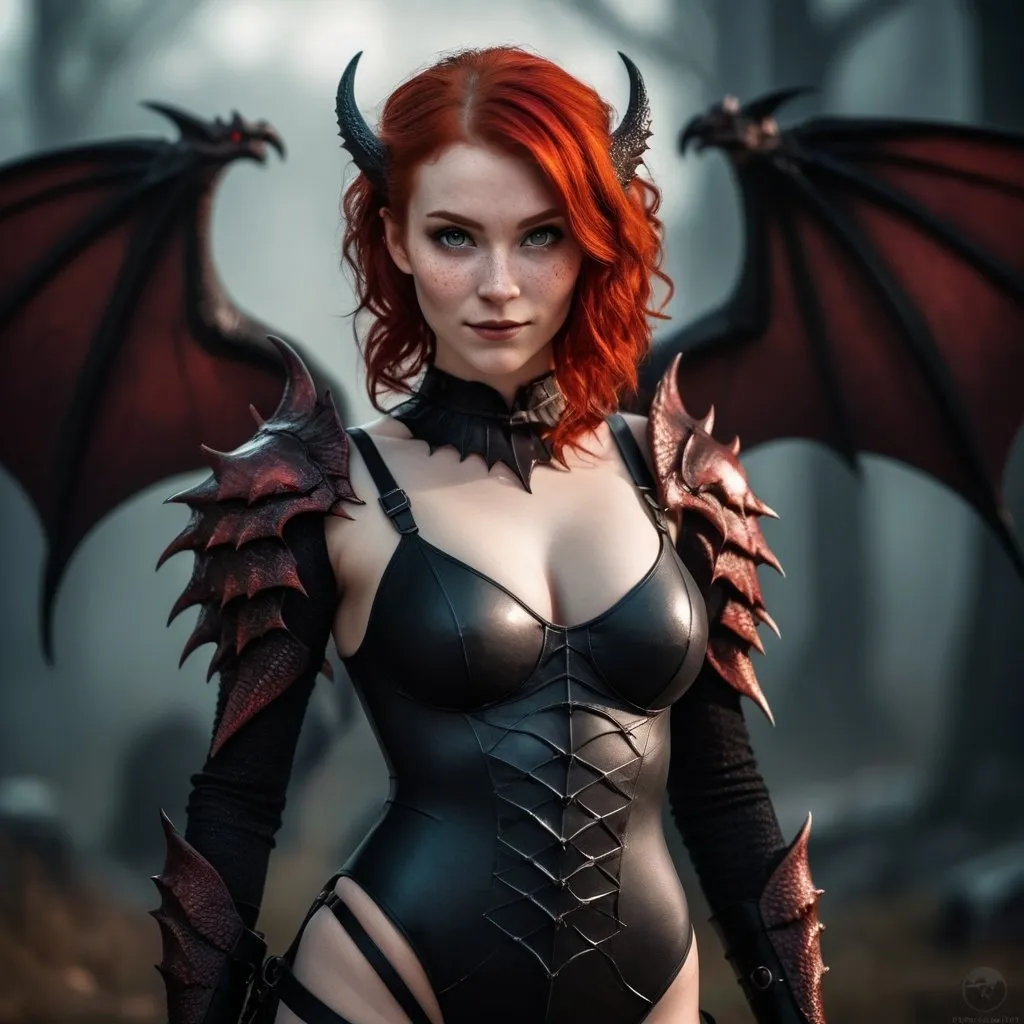 Prompt: Full body image. gorgeous young curvy dragonborn woman with red hair in a fantasy scene, small fangs smile, (gothic:1.5), (dark fantasy:1.5), (science fiction:1.5), wearing a form-fitting revealing bodysuit, little red dragon wings, she has dimples and freckles. Her expression is  mysterious, curious and also cute and friendly. Armed with two swords. Highres, masterpiece, detailed face, detailed eyes, detailed hair, detailed body, ultra detailed, deep color, high contrast, beautifully shot, cinematic, a masterpiece, atmospheric, (sharp focus:1.2), perfect composition, photorealistic, intricate details, HDR, photorealistic